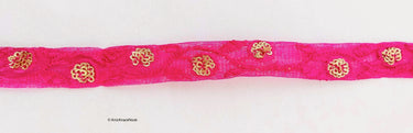 Wholesale Fuchsia Pink Net Lace Trim Floral Embroidery & Glitter Gold Sequins Indian Wedding Giftwrap Ribbon, Crafting Decorative Trimming